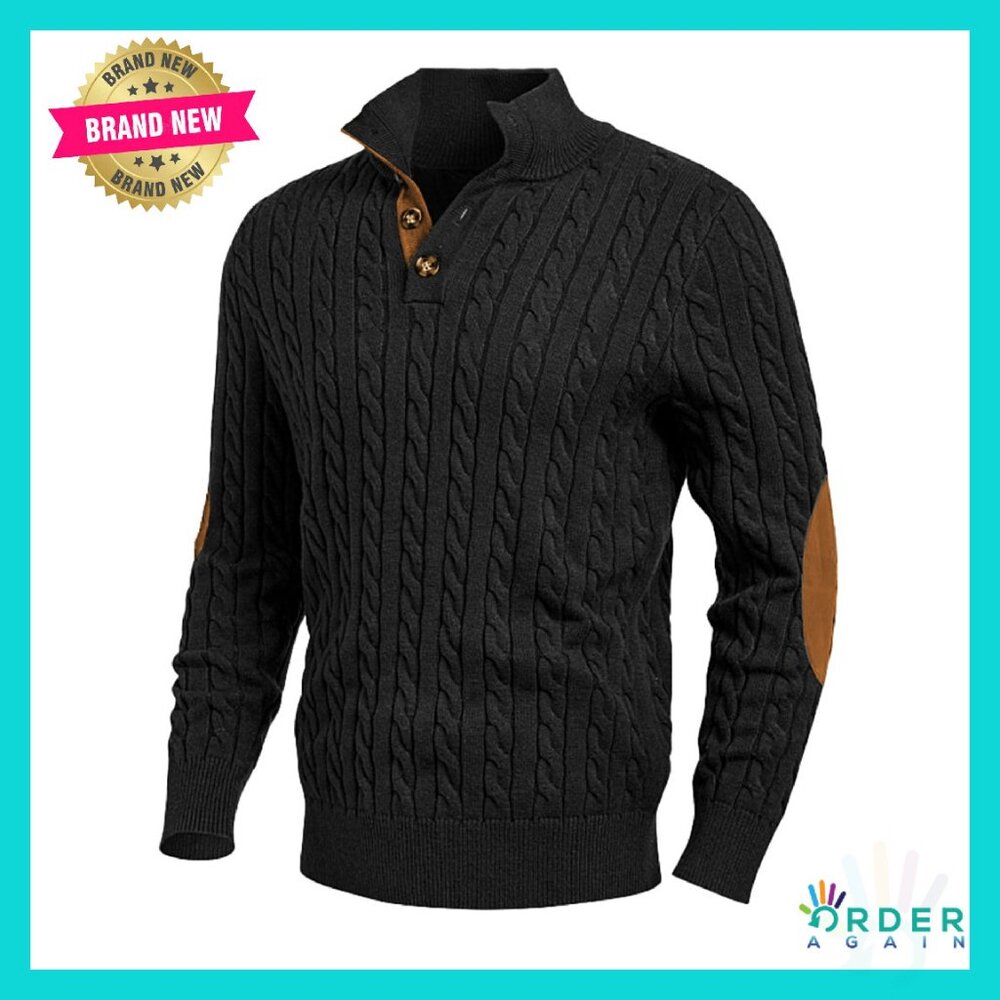 Cable Knit Pullover Sweater Chunky Stand Collar Button Casual Classic